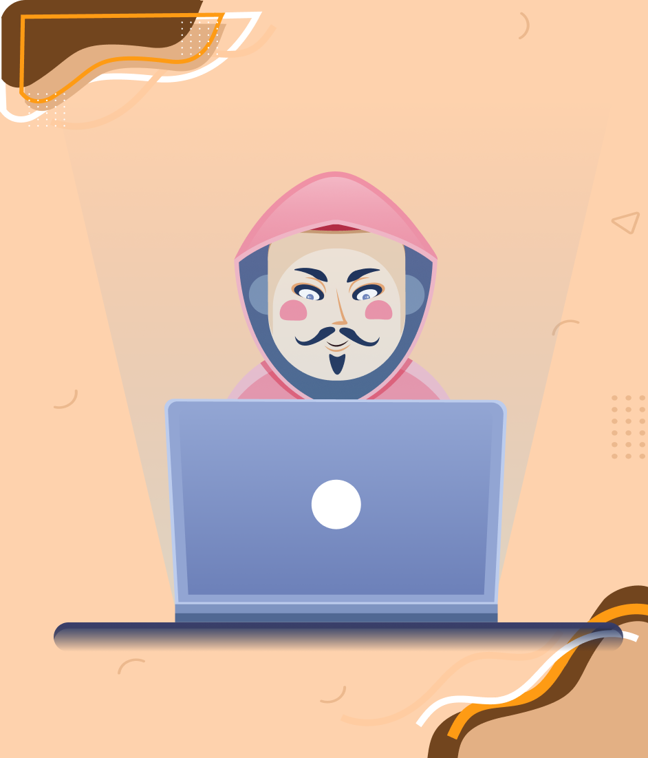 Illustration d'un hacker masqué avec un sweat à capuche rose, travaillant sur un ordinateur portable