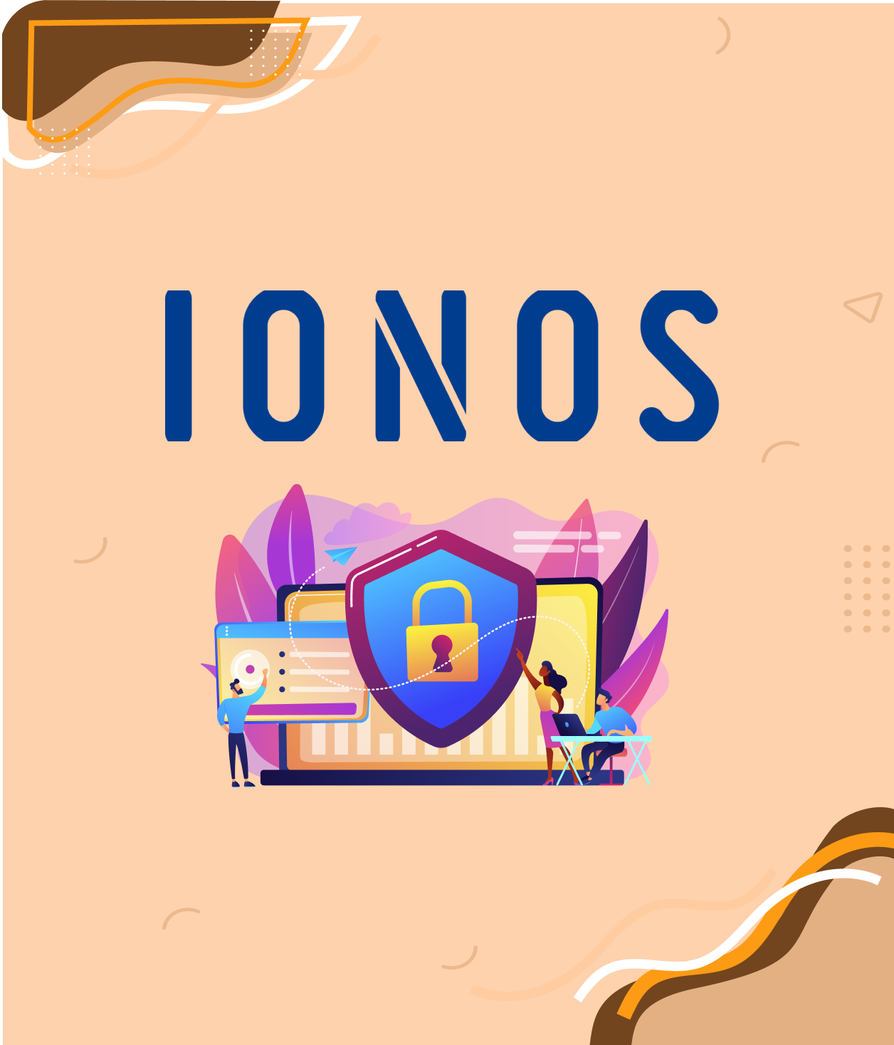 Logo IONOS avec illustration de sécurité web : bouclier, cadenas, personnes travaillant sur ordinateurs