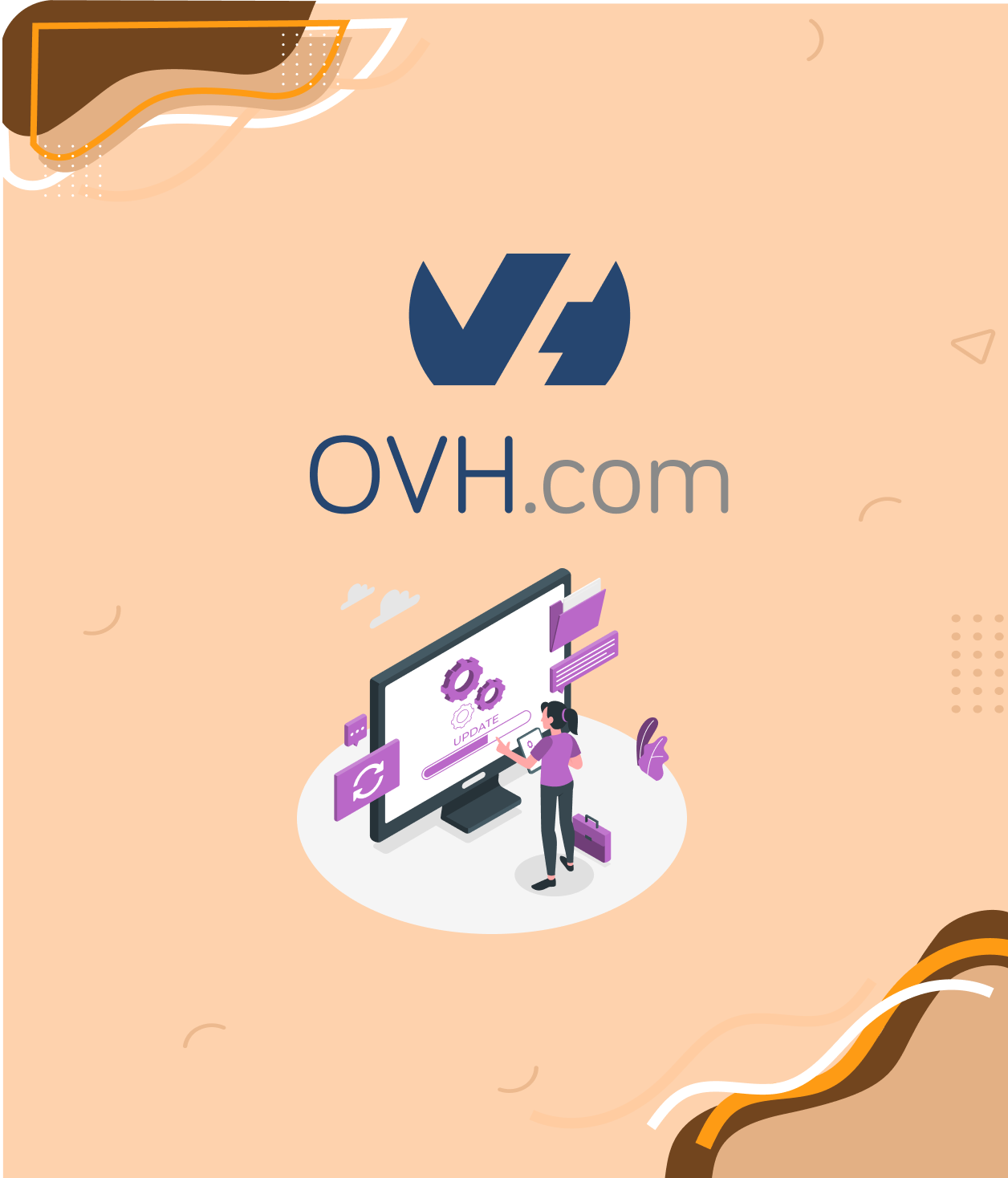 Logo OVH.com avec illustration d'une personne gérant une mise à jour sur un écran d'ordinateur