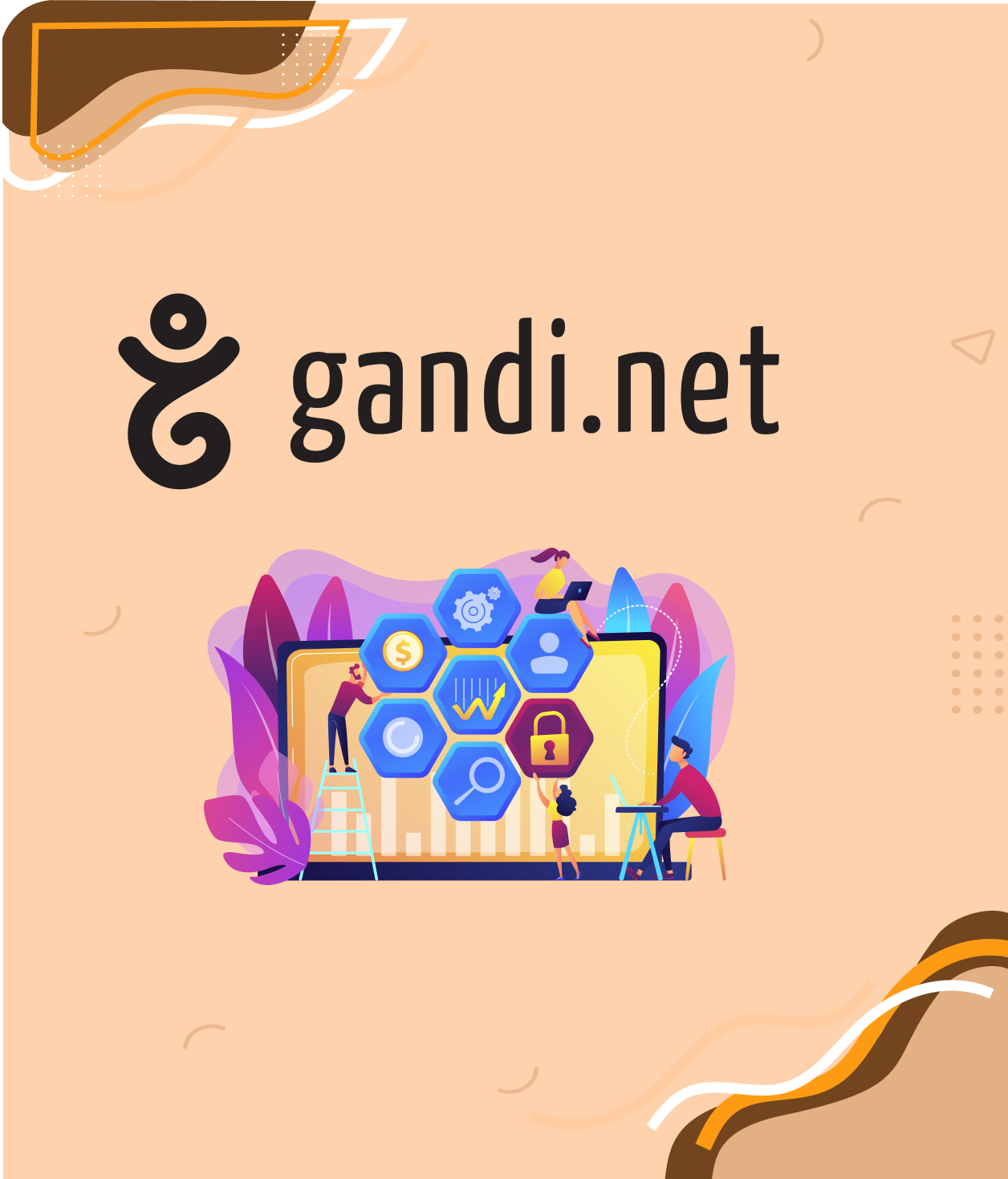 Logo Gandi.net avec illustration de sécurité et performance de site web