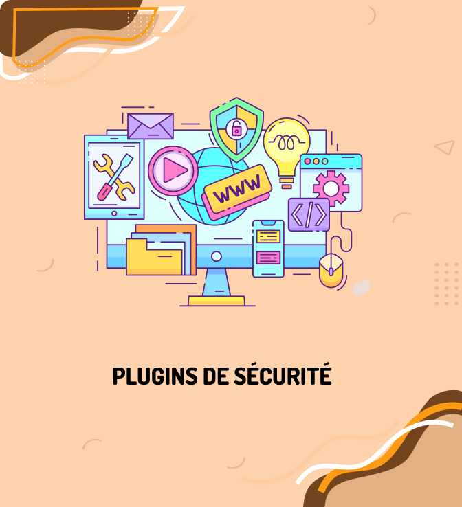 Illustration d'un écran d'ordinateur avec des icônes de sécurité, réparation, web et code. Texte : PLUGINS DE SÉCURITÉ