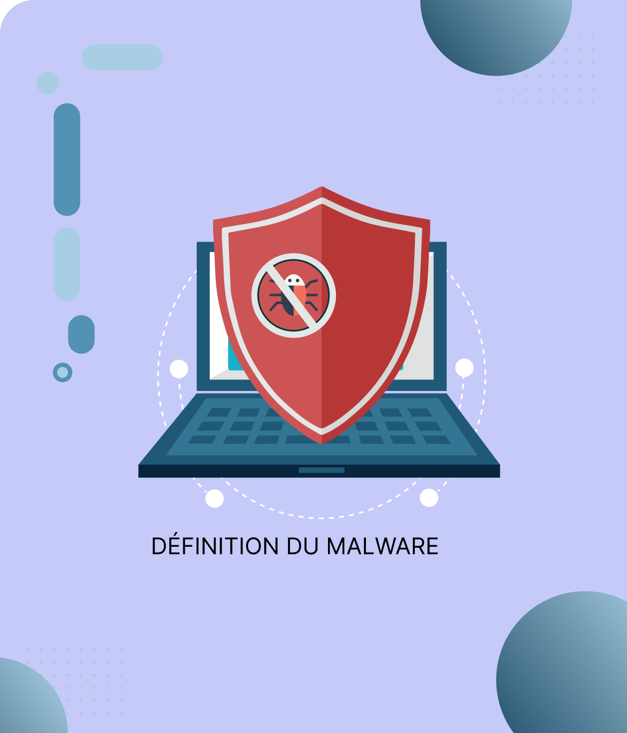Un bouclier rouge avec un insecte barré protège un ordinateur portable, texte « DÉFINITION DU MALWARE » en dessous