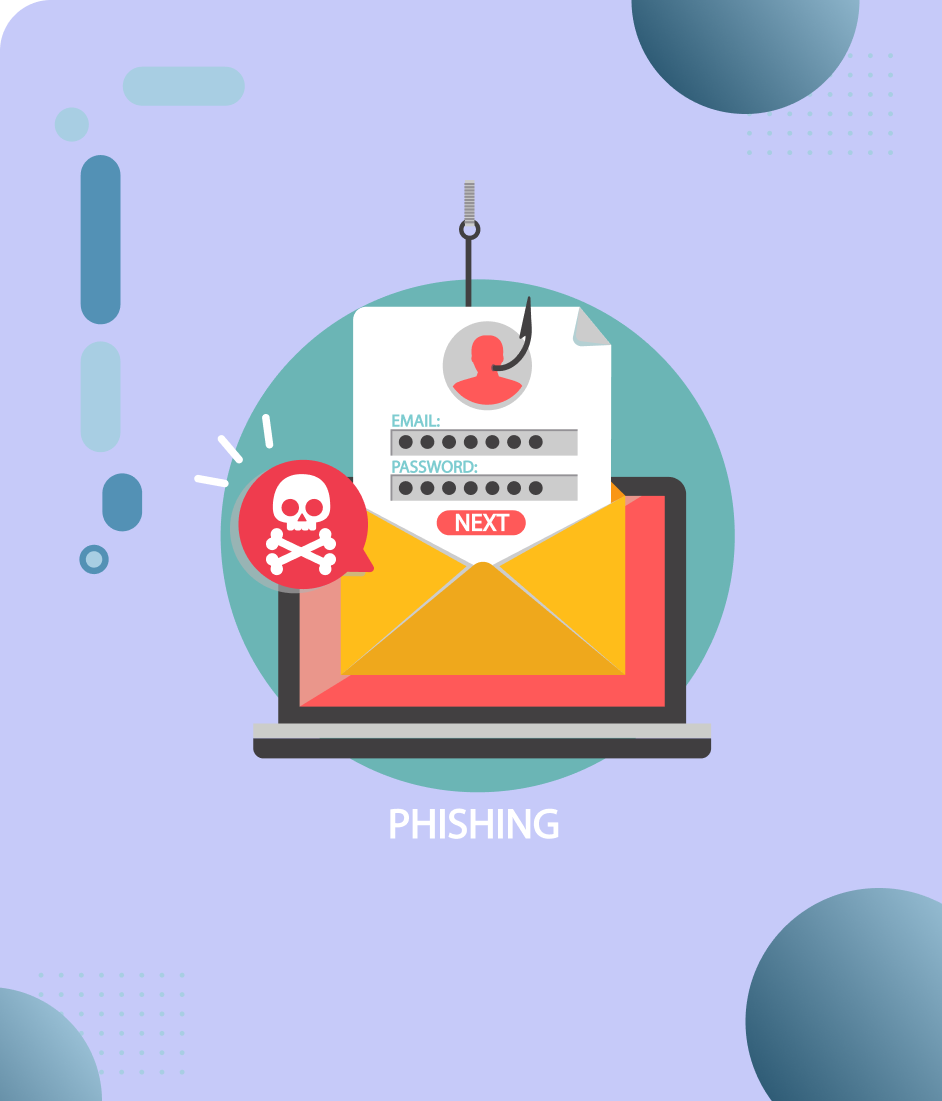 Illustration d'un e-mail d'hameçonnage avec un formulaire de connexion piégé et une icône tête de mort