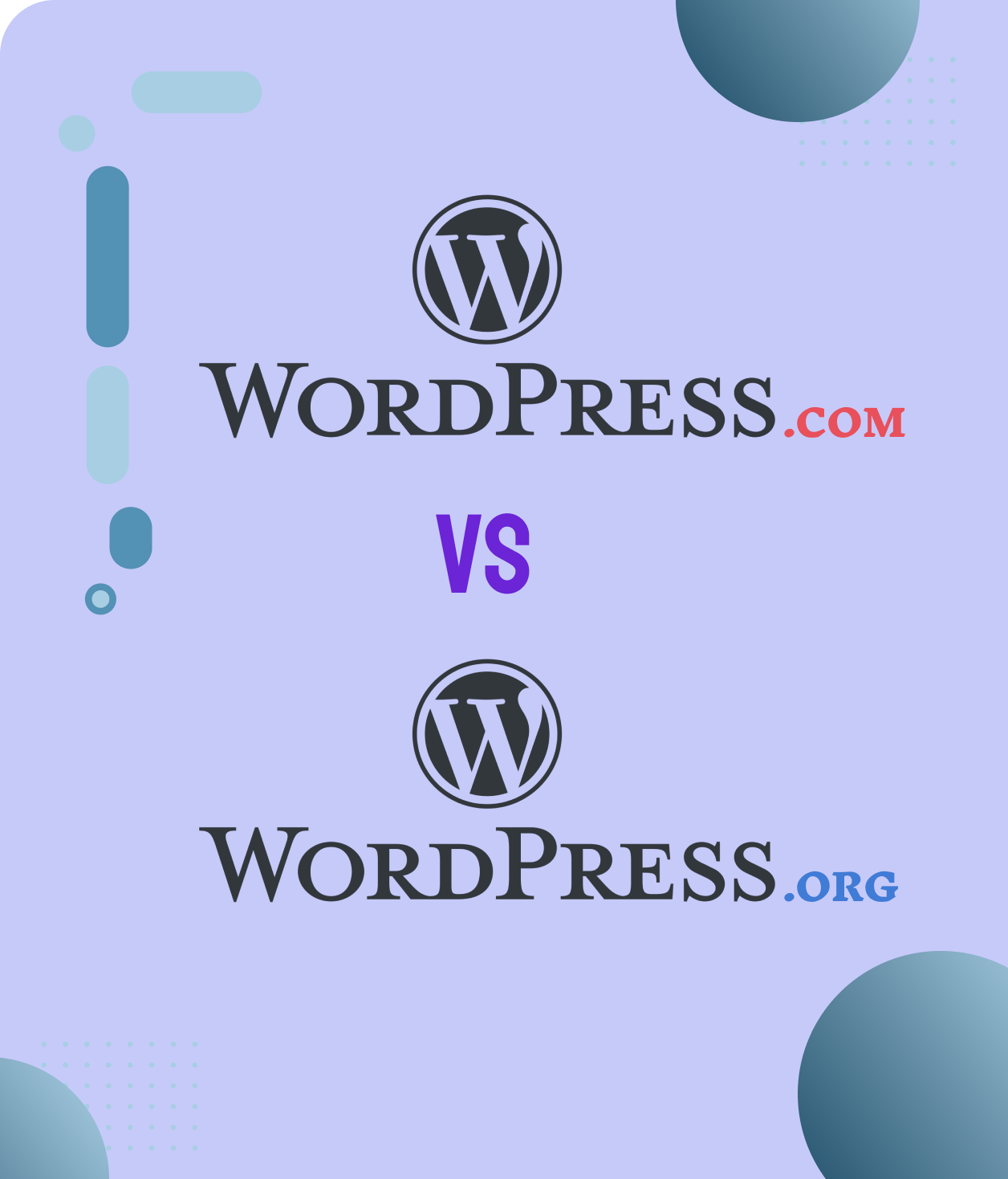 Logos WordPress.com et WordPress.org avec « VS » au centre, sur fond violet clair avec des formes géométriques