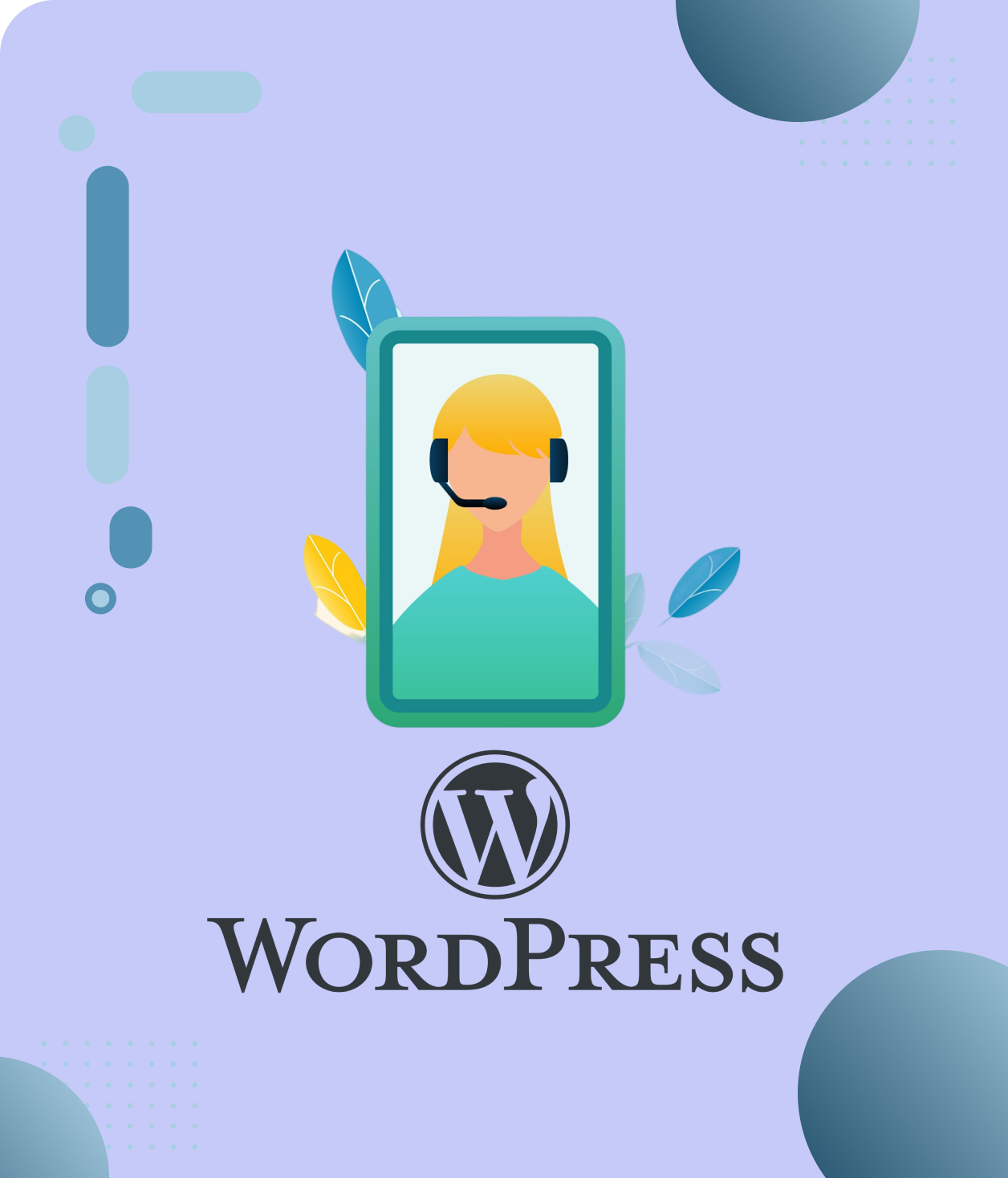 Illustration d'une opératrice de support client sur un écran de téléphone avec le logo WordPress en dessous