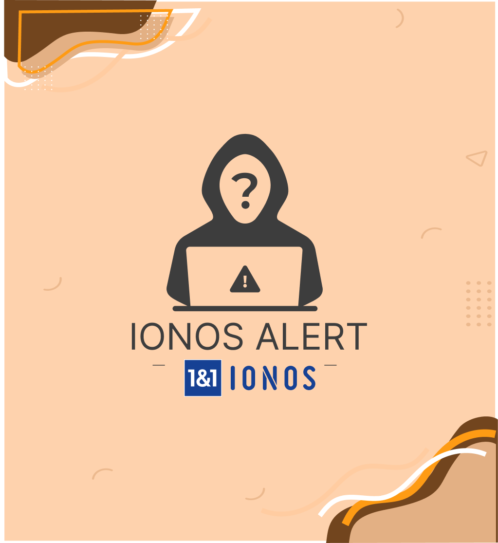 Icône d'un hacker avec un point d'interrogation et un ordinateur portable affichant un panneau d'avertissement, avec « IONOS