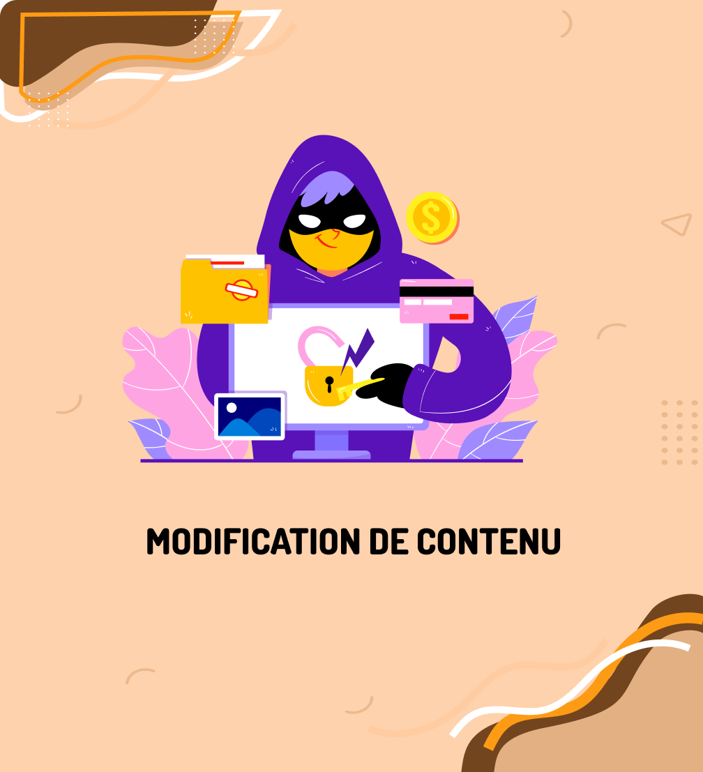 Hacker en sweat à capuche violet devant un écran d'ordinateur avec un cadenas cassé, une carte bancaire et un dossier