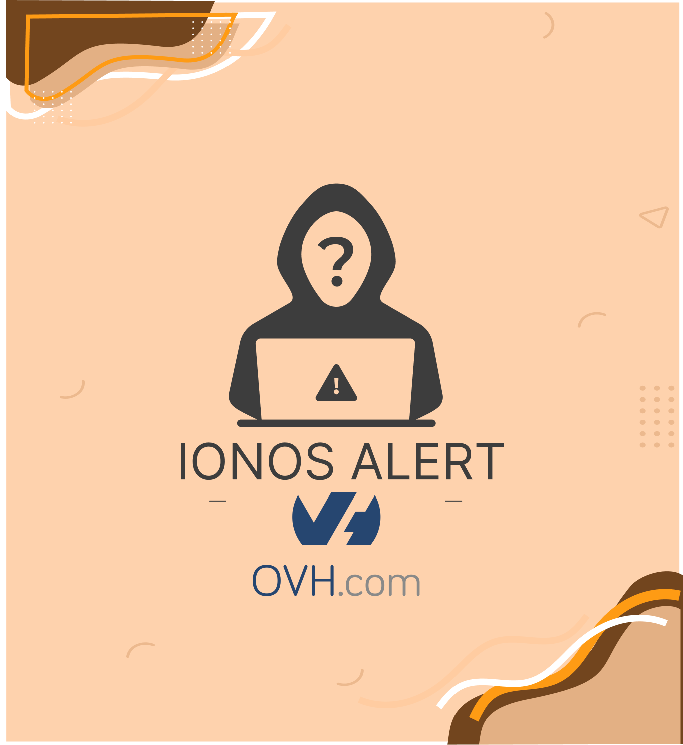 Hacker avec point d'interrogation, ordinateur portable avec alerte, texte « IONOS ALERT » et « OVH.com »