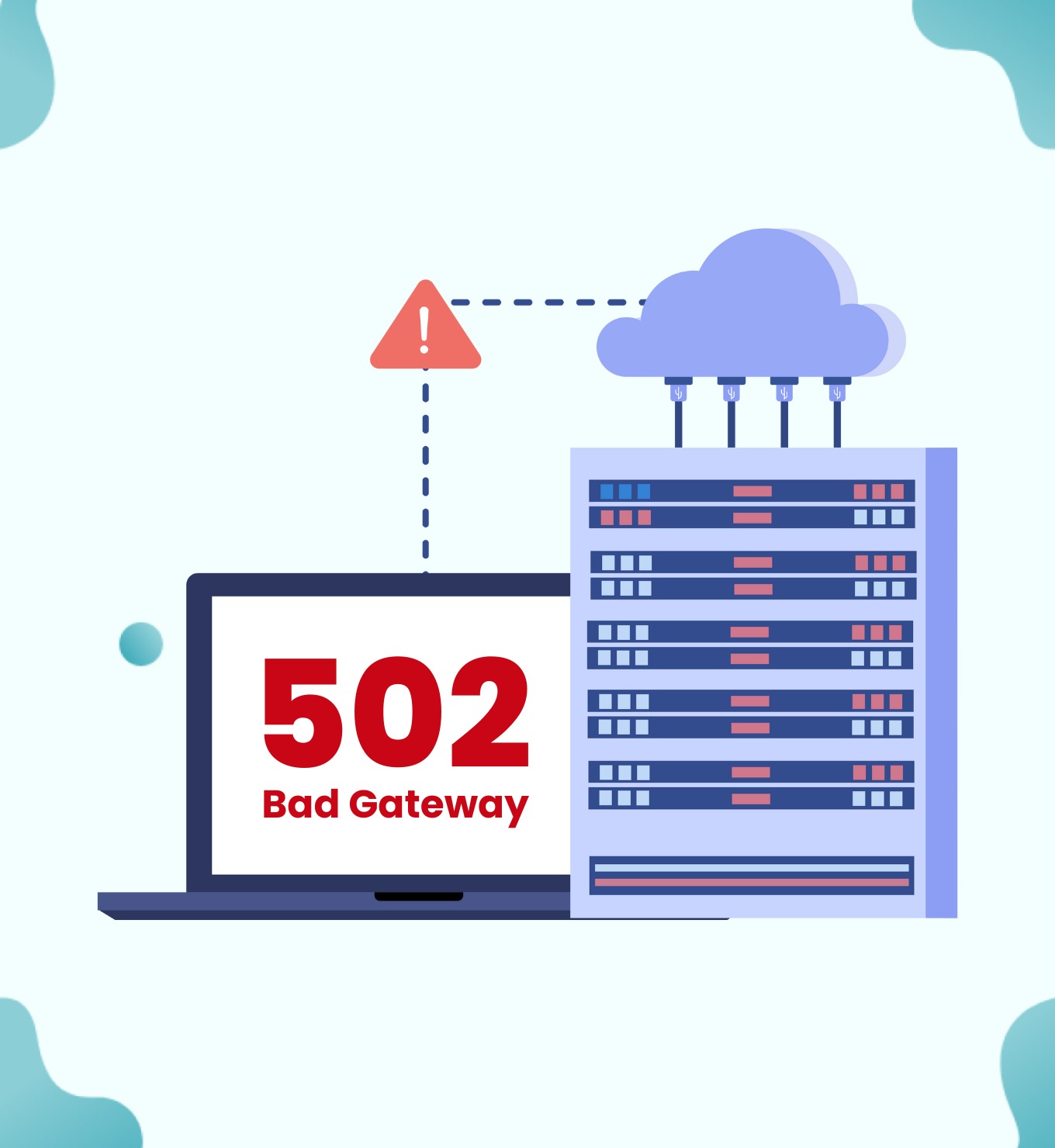 Illustration d'un écran d'ordinateur affichant « 502 Bad Gateway », un serveur et un nuage avec un panneau d'avertissement