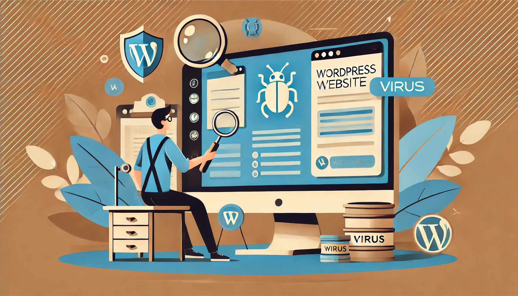 Un homme nettoie un site WordPress infecté par un virus, symbolisé par un bug et des fichiers « virus »