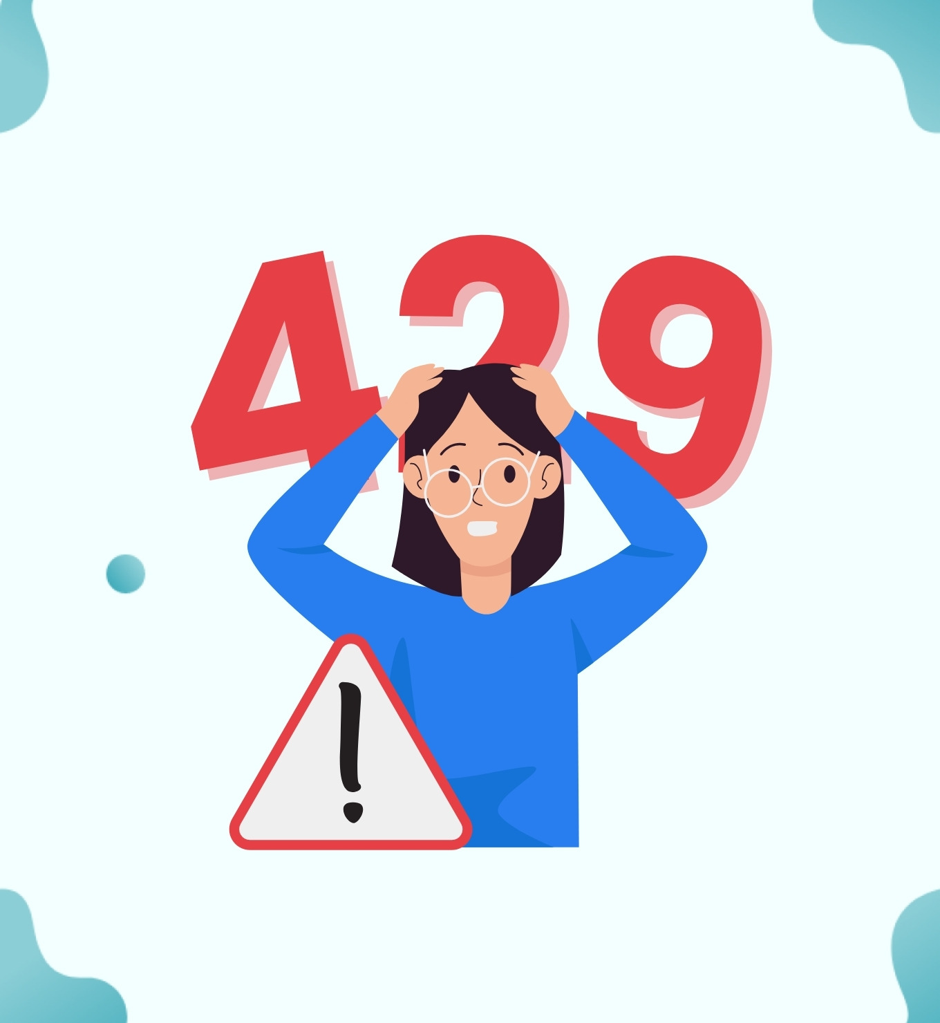 Femme paniquée devant le nombre 429 et un panneau d'avertissement, symbolisant l'erreur HTTP 429