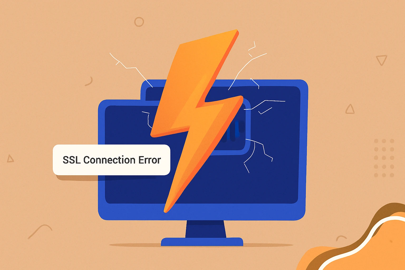 Écran d'ordinateur fissuré par un éclair, avec une bulle de texte « SSL Connection Error »