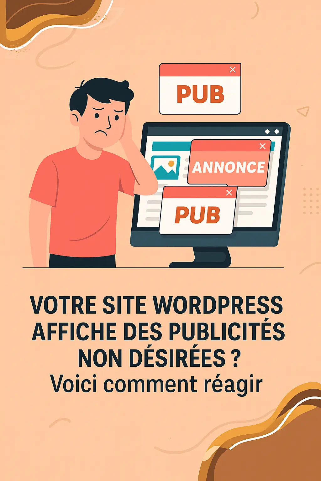 Homme perplexe devant un écran d'ordinateur affichant des publicités pop-up non désirées sur un site WordPress