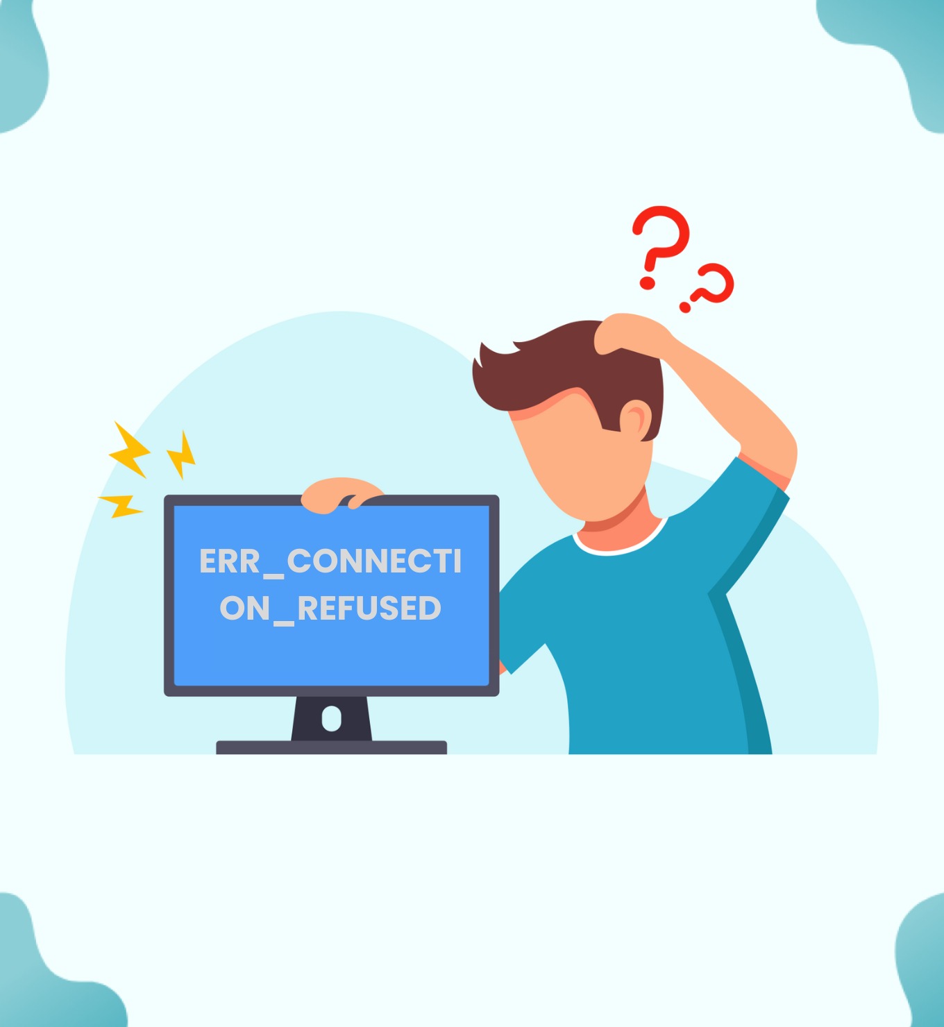 Homme perplexe devant un écran affichant « ERR_CONNECTION_REFUSED », symbolisant un problème de connexion WordPress
