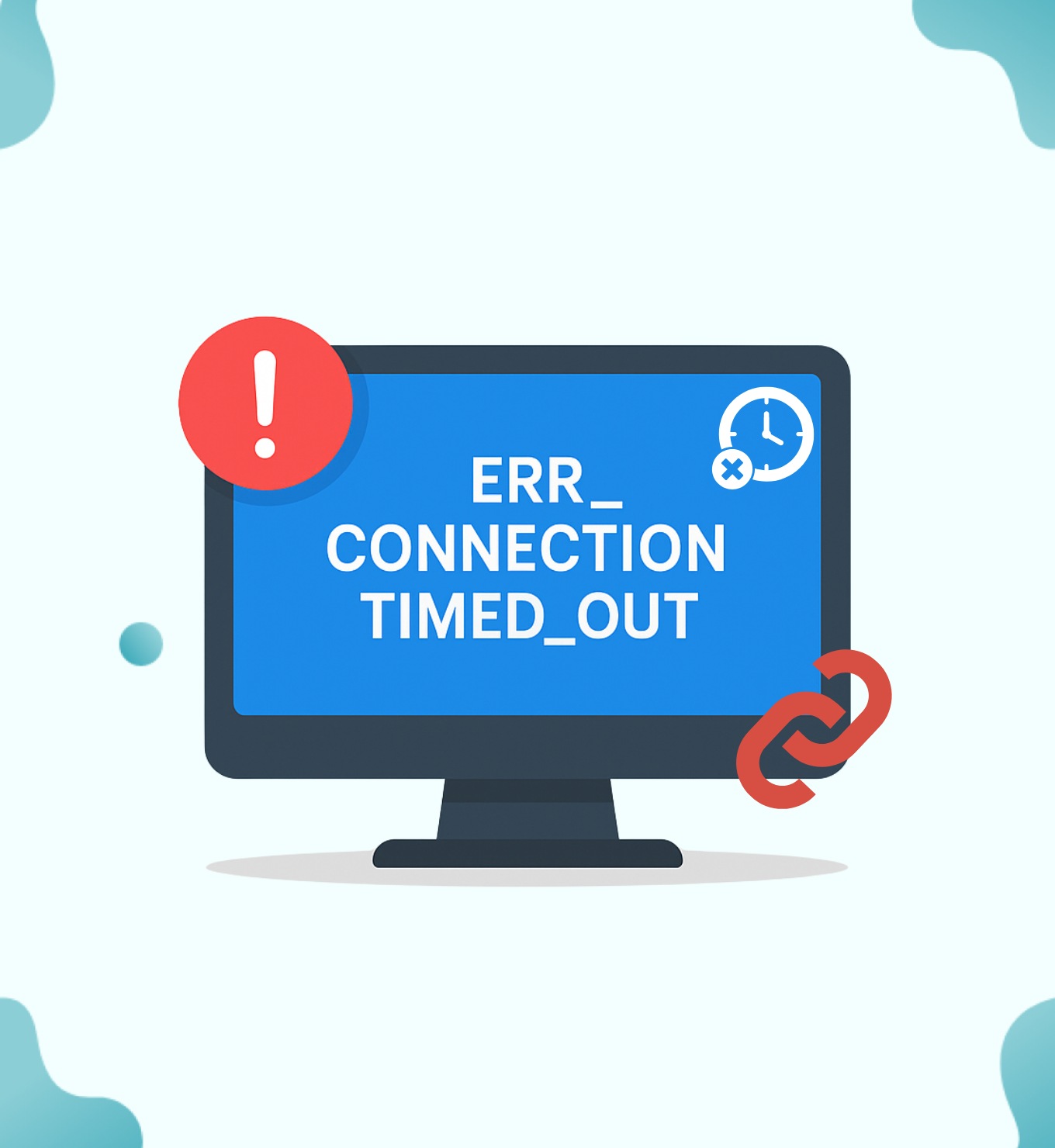 Écran d'ordinateur affichant « ERR_CONNECTION_TIMED_OUT », avec un panneau d'avertissement et un lien brisé