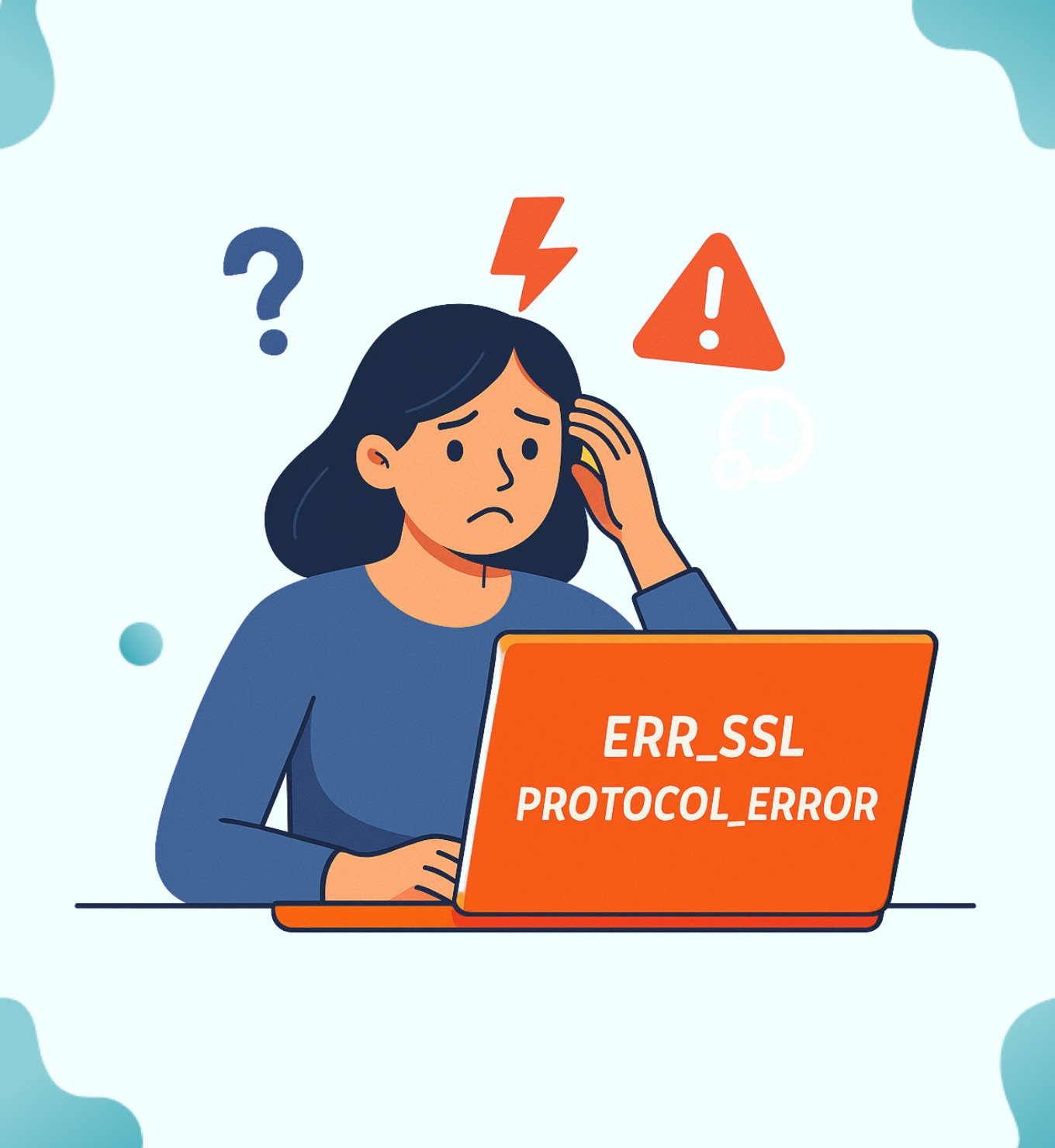 Femme stressée devant un ordinateur affichant « ERR_SSL PROTOCOL_ERROR », avec des icônes d'erreur et de questionnement