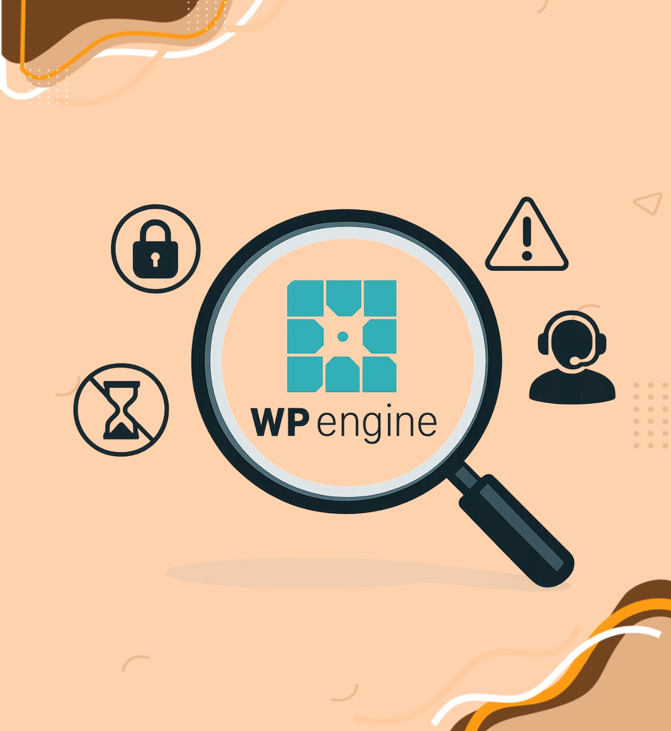 Logo WP Engine sous loupe, avec icônes de cadenas, sablier barré, triangle d'avertissement et casque support