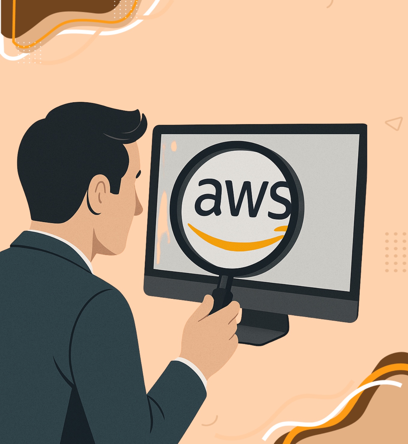 Un homme examine le logo AWS sur un écran d'ordinateur à travers une loupe