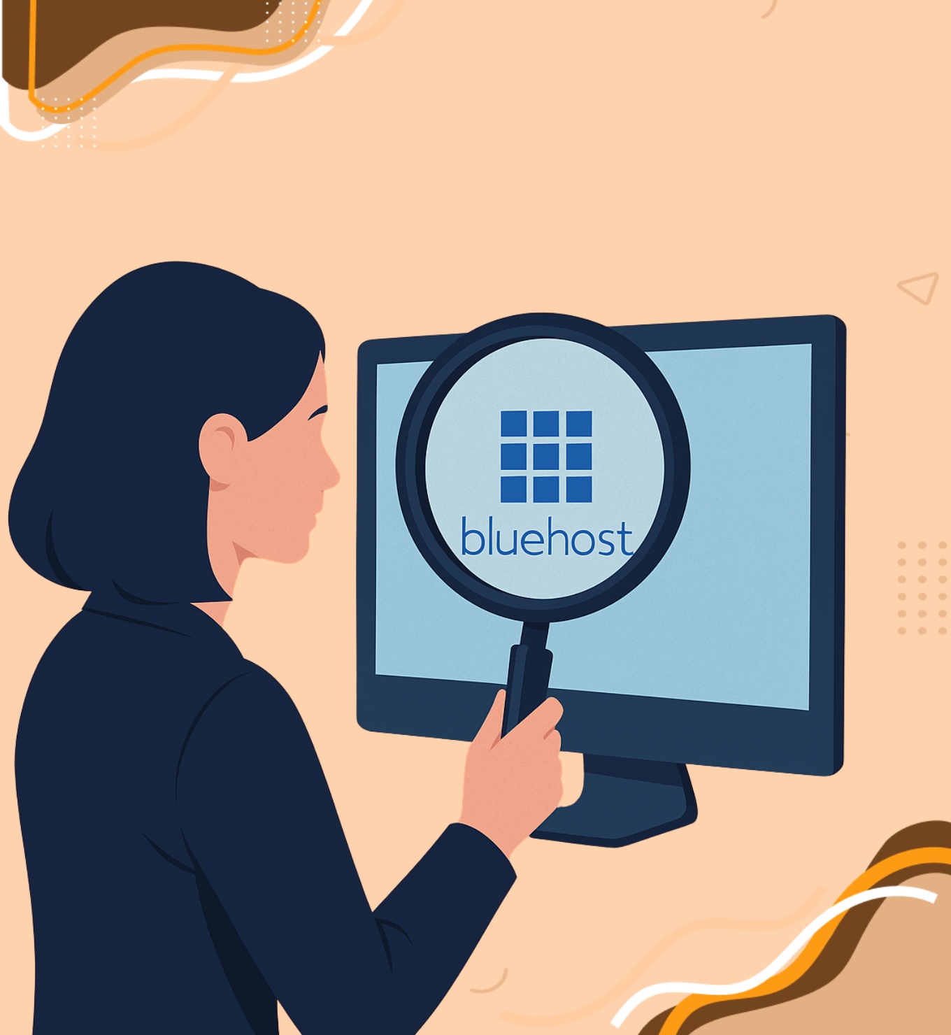 Une femme examine le logo Bluehost sur un écran d'ordinateur à travers une loupe