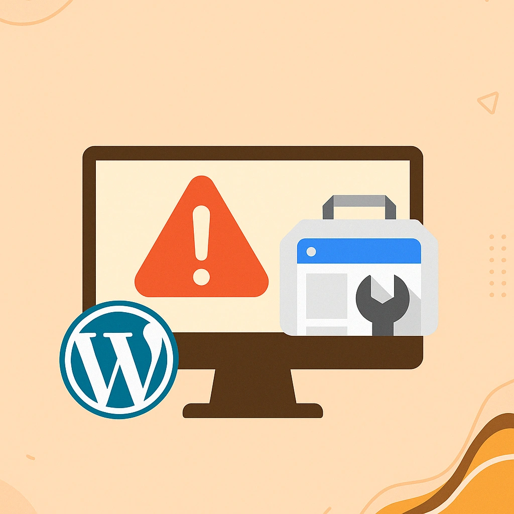 Écran d'ordinateur avec un panneau d'avertissement, une boîte à outils et le logo WordPress, symbolisant la sécurité et la