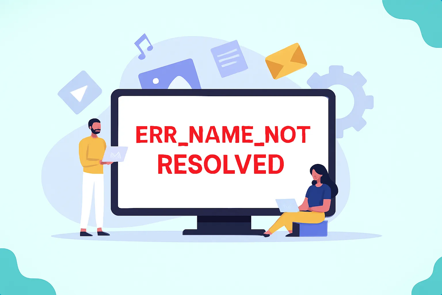 Illustration d'un écran affichant « ERR_NAME_NOT_RESOLVED » avec deux personnes utilisant des ordinateurs portables