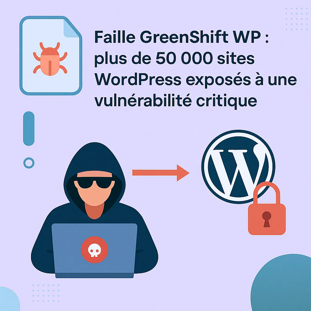Capture d'écran : Faille GreenShift WP, hacker, logo WordPress, cadenas, bug, point d'exclamation