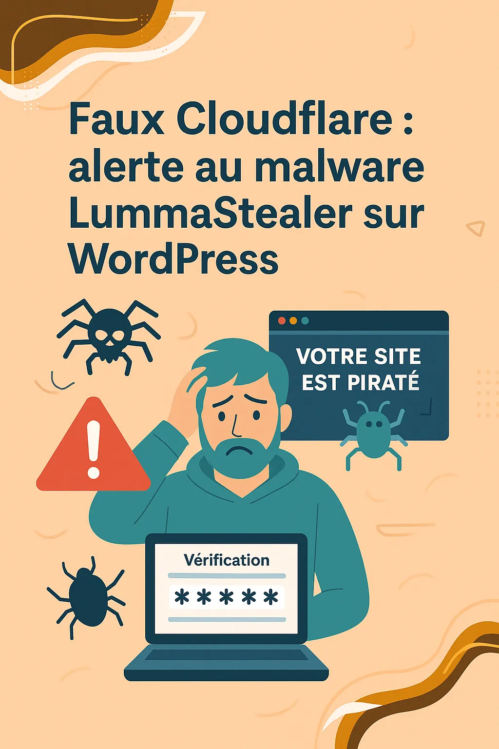 Homme inquiet devant un écran « Votre site est piraté », avec des araignées et un faux formulaire de vérification Cloudflare