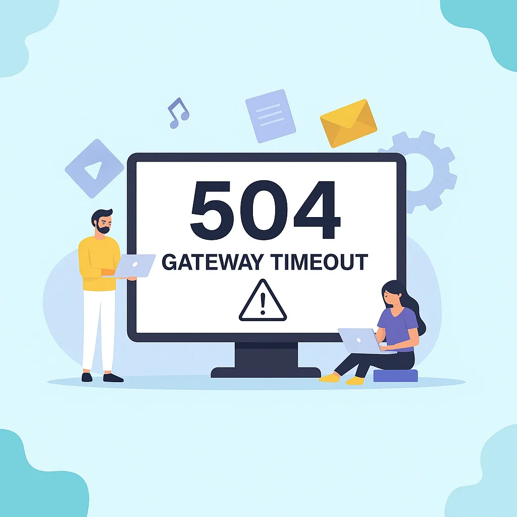 Illustration : deux personnes avec ordinateurs portables devant un écran affichant « 504 Gateway Timeout » et un panneau