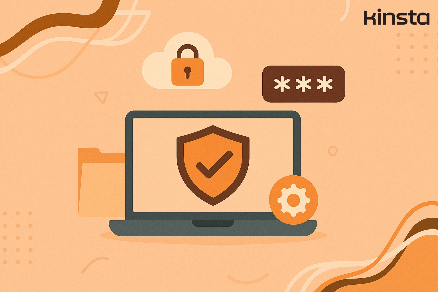 Illustration sécurité WordPress : ordinateur avec bouclier, cadenas cloud, mot de passe, dossier et logo Kinsta
