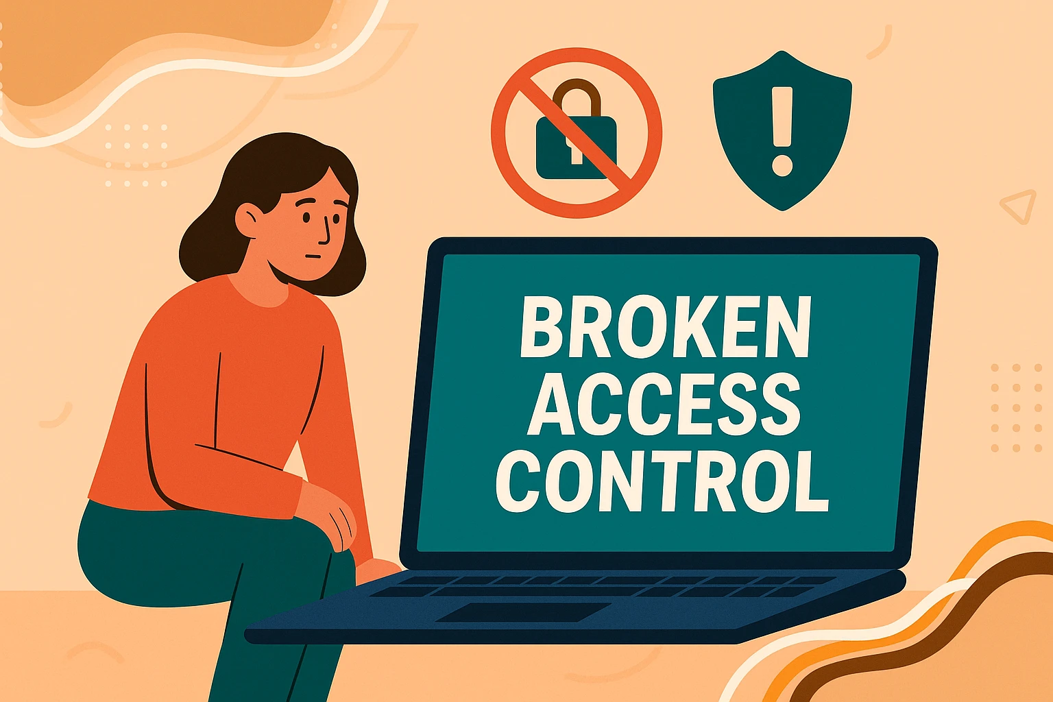 Femme devant un ordinateur affichant « BROKEN ACCESS CONTROL », avec icônes cadenas barré et bouclier d'alerte