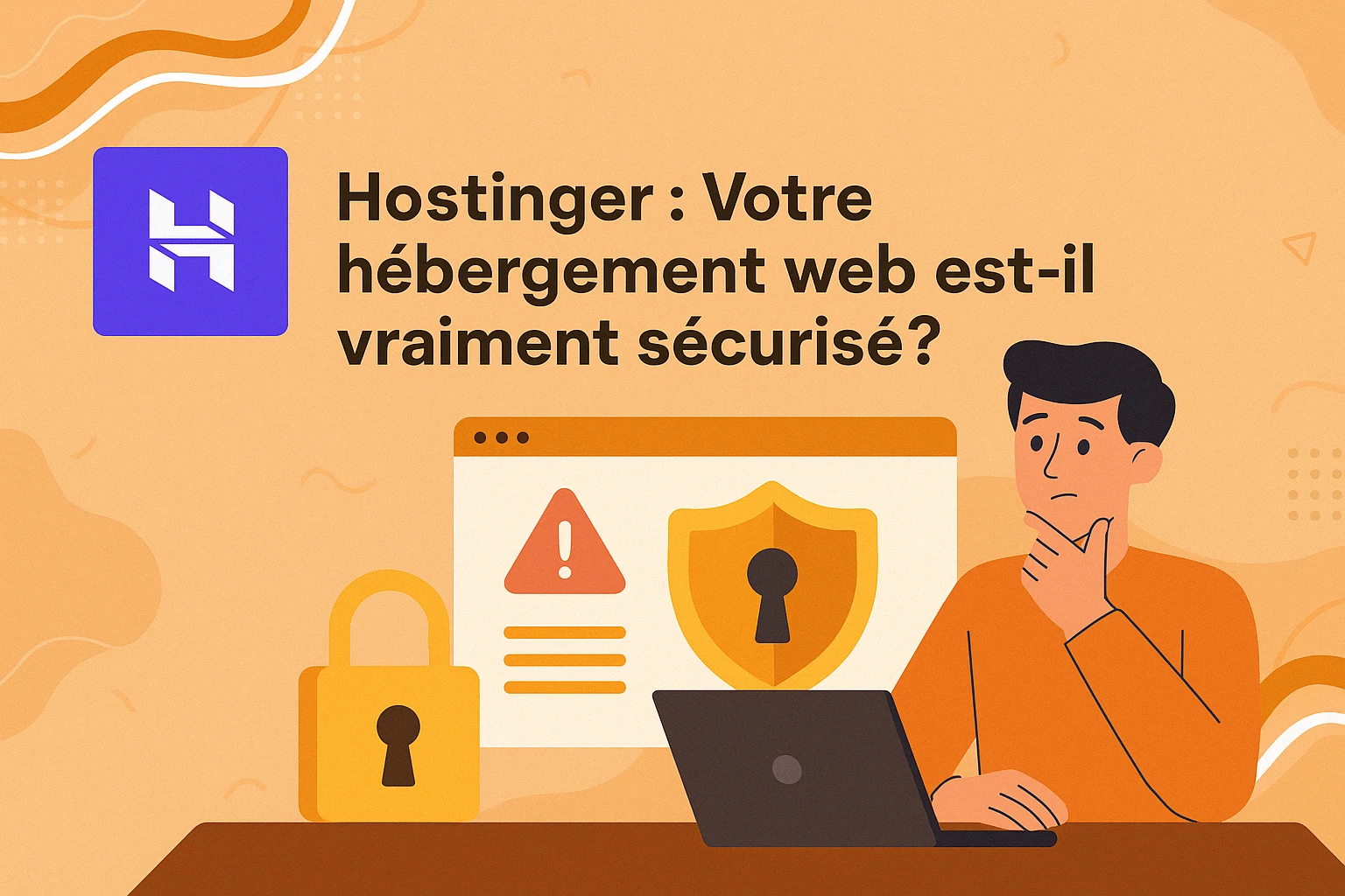 Logo Hostinger, texte « Hostinger : Votre hébergement web est-il vraiment sécurisé ? », cadenas, bouclier, homme sur PC