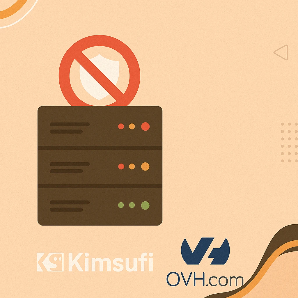 Serveur avec bouclier de sécurité barré, logos Kimsufi et OVH.com, symbolisant un manque de sécurité des données