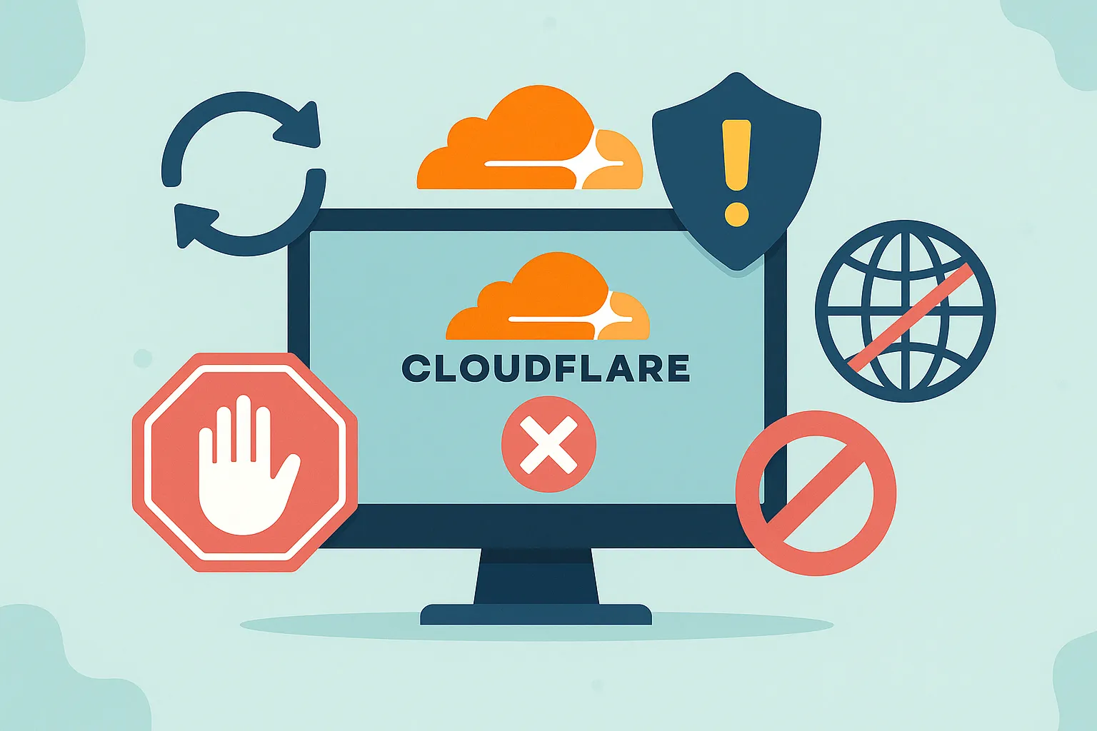 Écran d'ordinateur affichant le logo Cloudflare avec des icônes de sécurité, d'erreur et d'accès bloqué