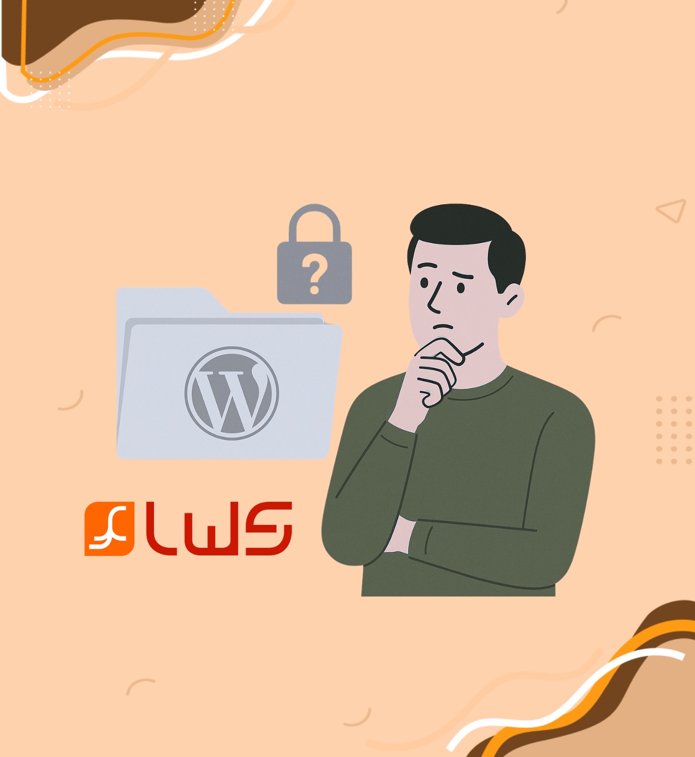 Un homme pensif devant un dossier WordPress verrouillé, avec le logo LWS en bas, évoquant la sécurité du site