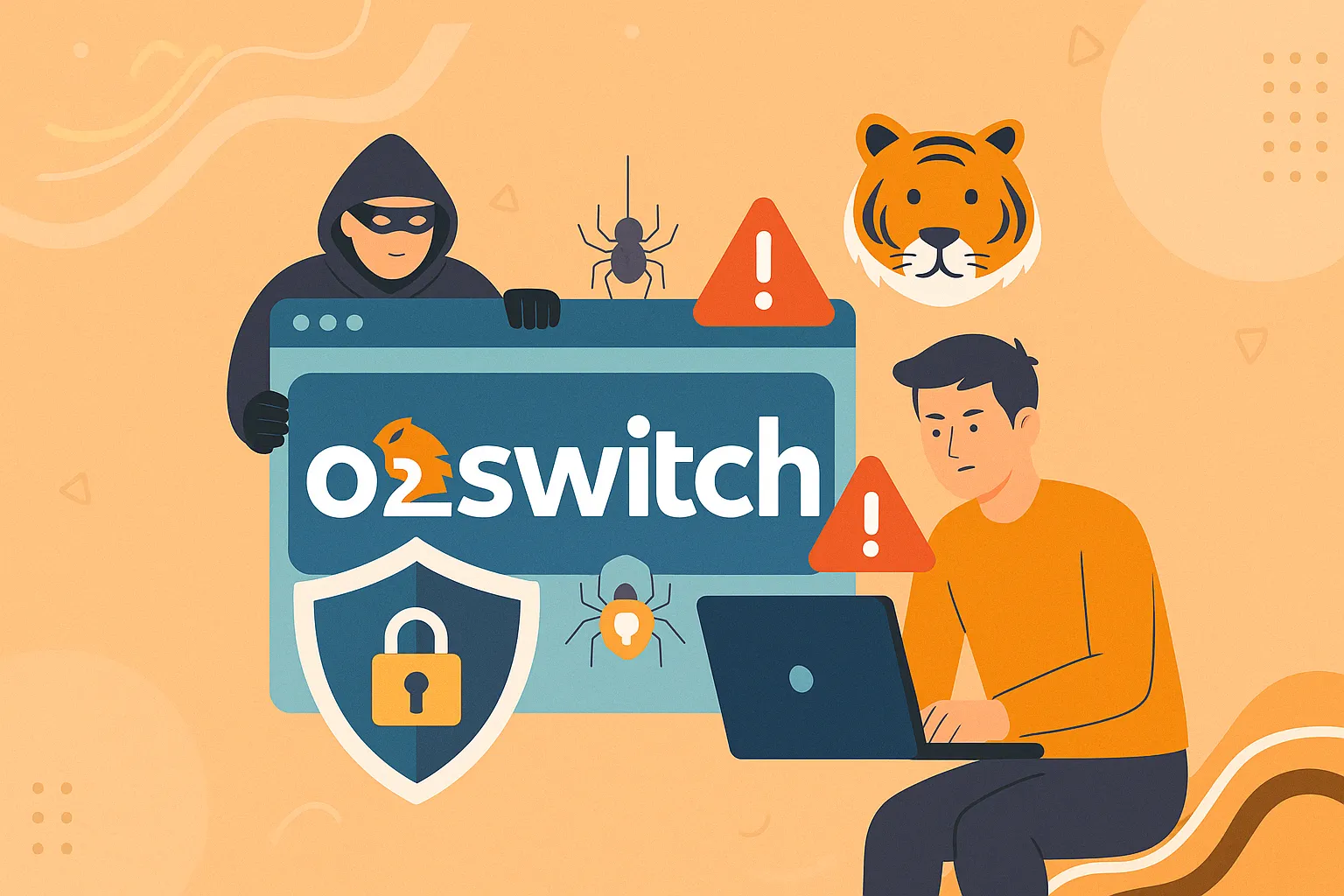 Un hacker derrière un écran o2switch, un homme sur ordinateur, des araignées, des alertes et une tête de tigre