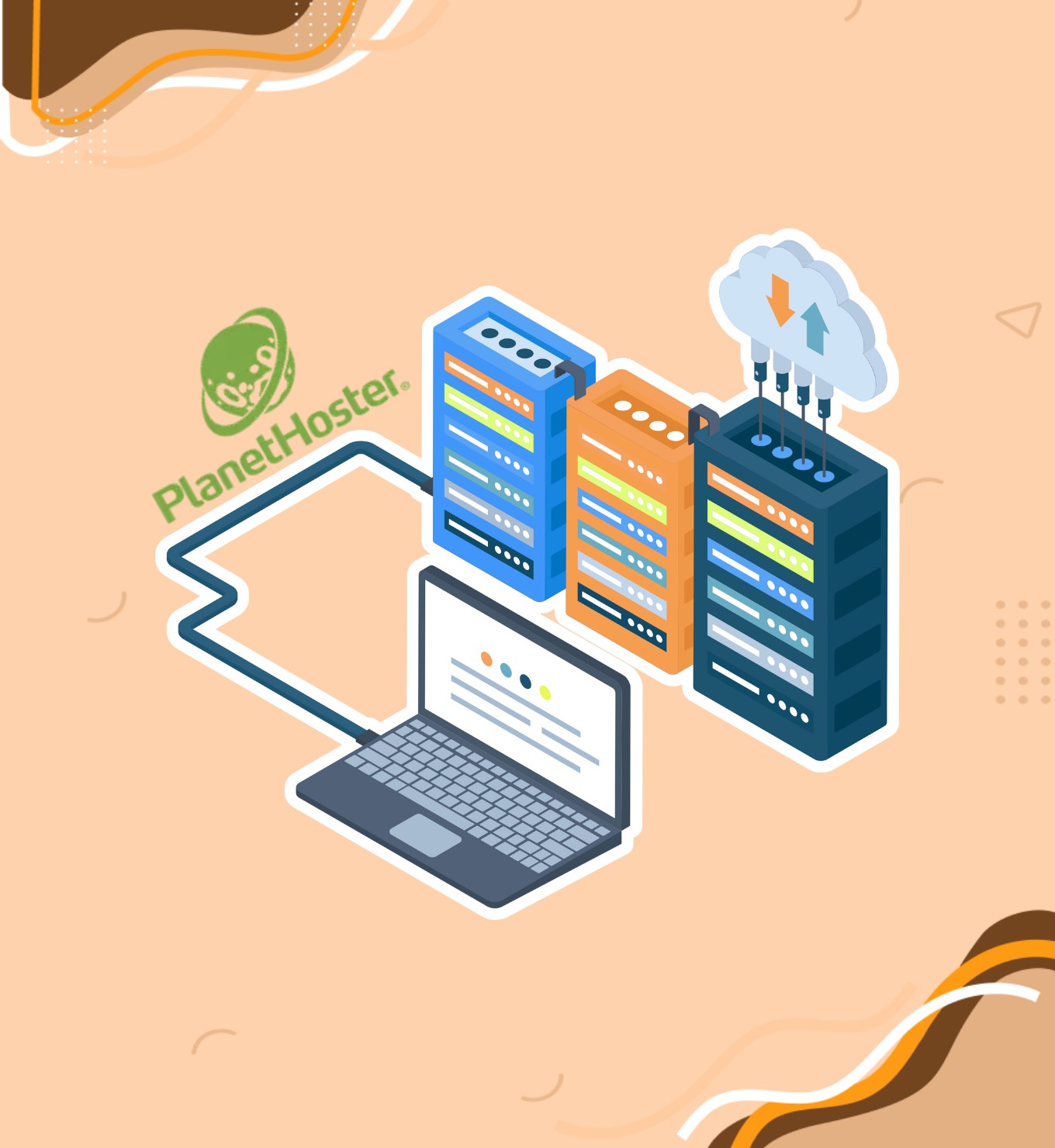 Logo PlanetHoster, ordinateur portable connecté à des serveurs et au cloud, symbolisant l'hébergement sécurisé
