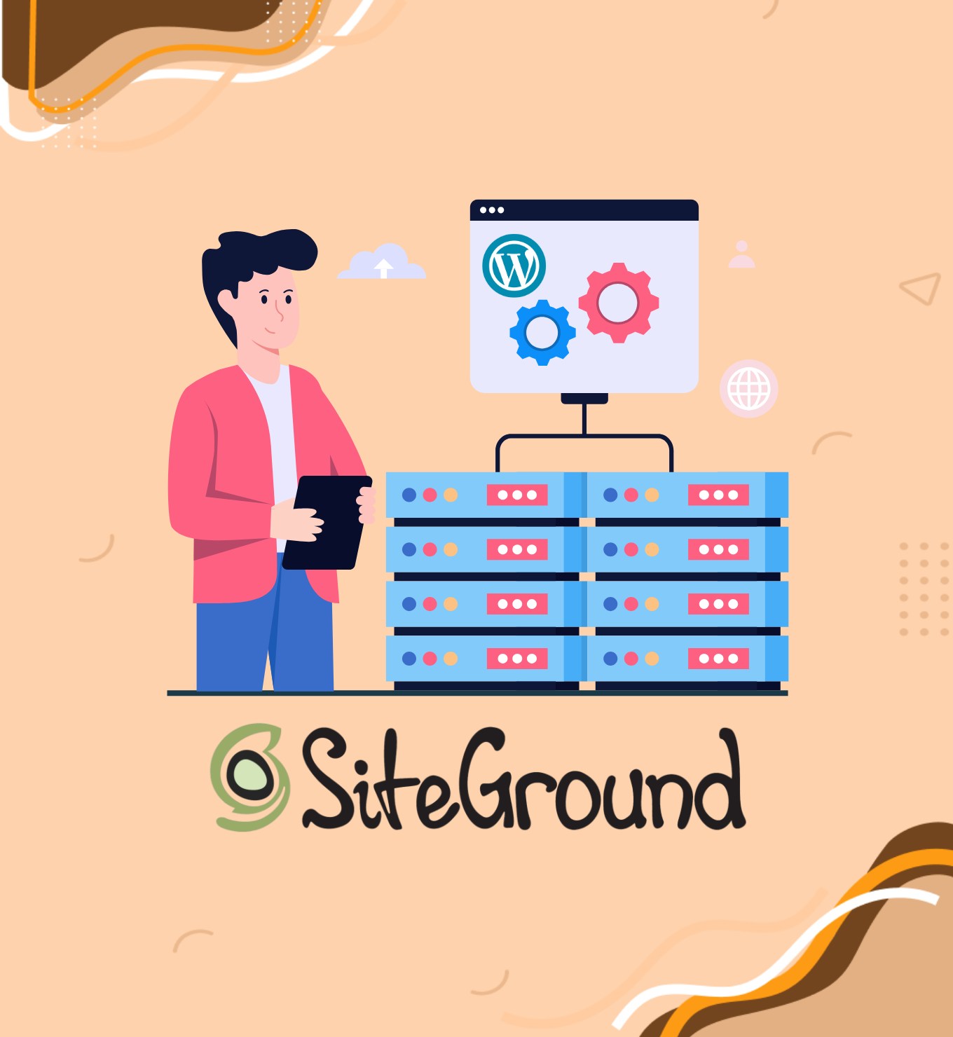 Un homme gérant des serveurs avec un écran affichant le logo WordPress et des engrenages, et le logo SiteGround