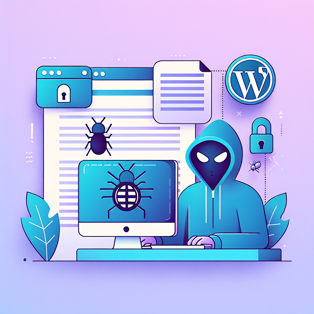 Hacker devant un écran avec bug, page web, cadenas et logo WordPress, symbolisant la sécurité et les menaces en ligne