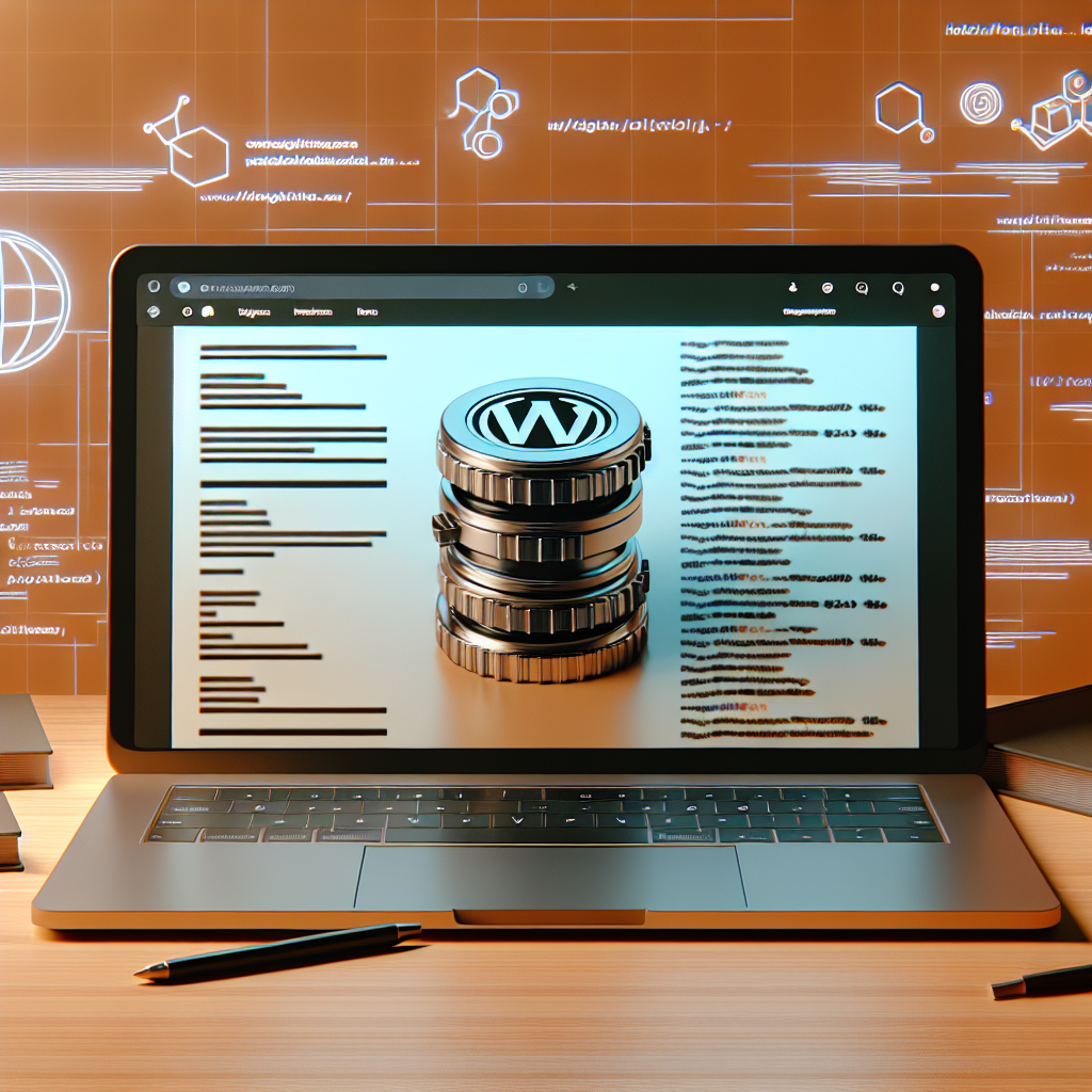 Capture d'écran : Ordinateur portable affichant un site WordPress avec des lignes de code et des icônes de sécurité