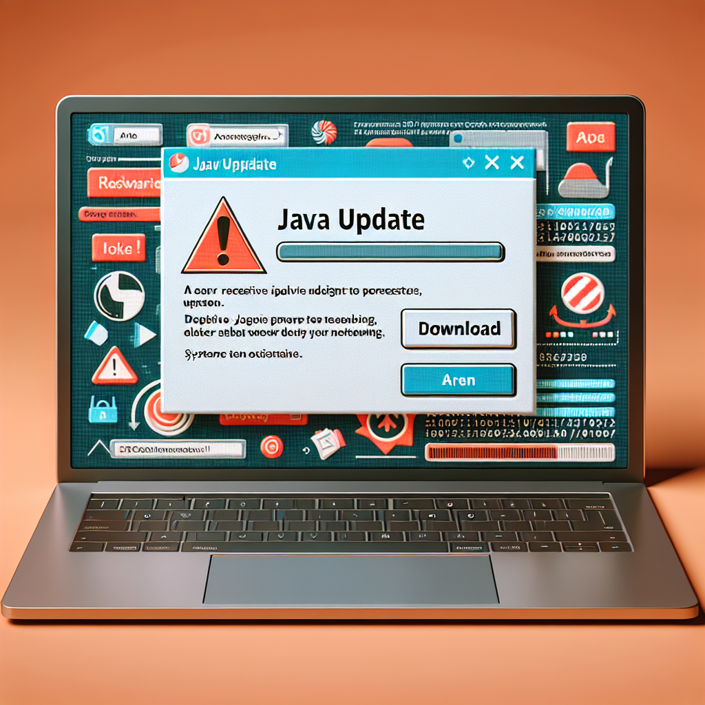 Capture d'écran : Ordinateur portable affichant une fausse fenêtre pop-up « Java Update » avec un bouton « Download »