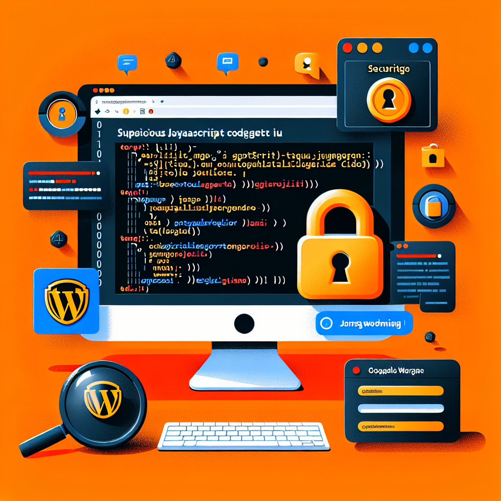 Capture d'écran : Code JavaScript malveillant sur un écran d'ordinateur avec des icônes de sécurité et le logo WordPress