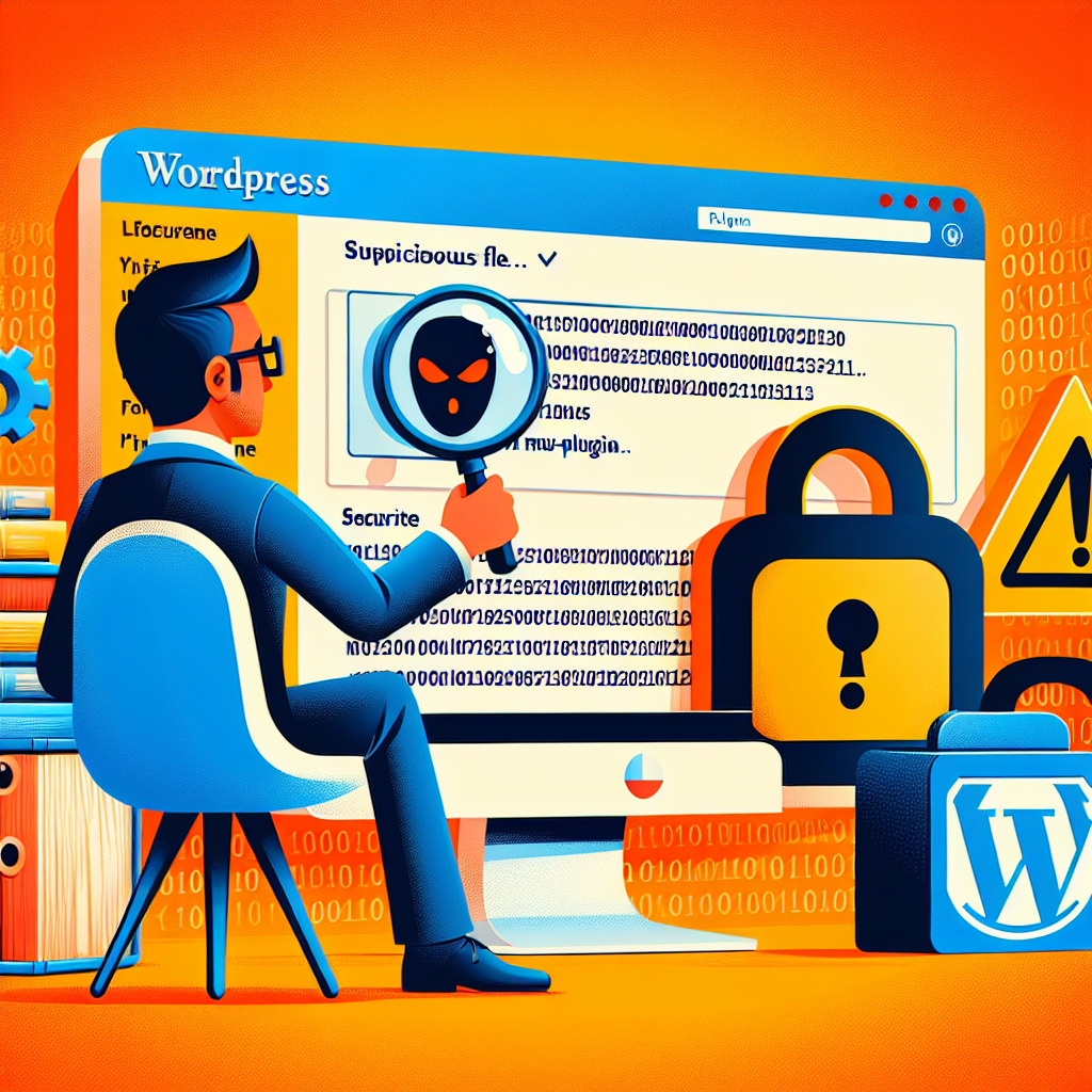 Homme inspectant un code WordPress avec loupe, icône de pirate, cadenas, panneau d'avertissement et logo WordPress