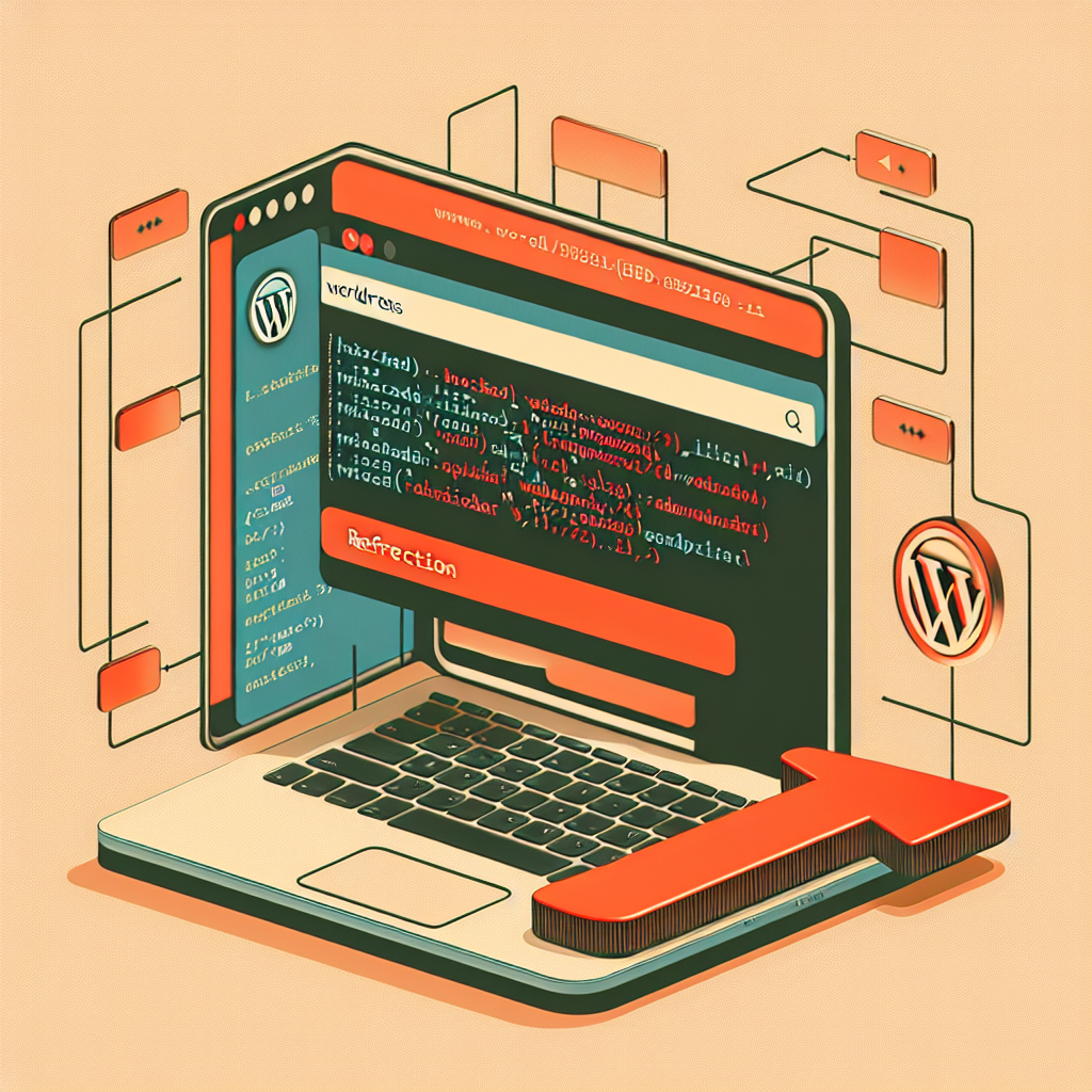 Ordinateur portable affichant du code WordPress avec le mot « Redirection » en surbrillance, flèche rouge et logos WordPress