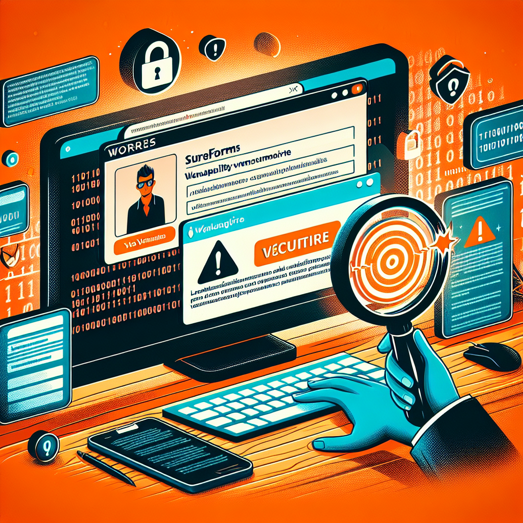 Capture d'écran : Vulnérabilité SureForms sur WordPress, avec cadenas, loupe et alertes de sécurité