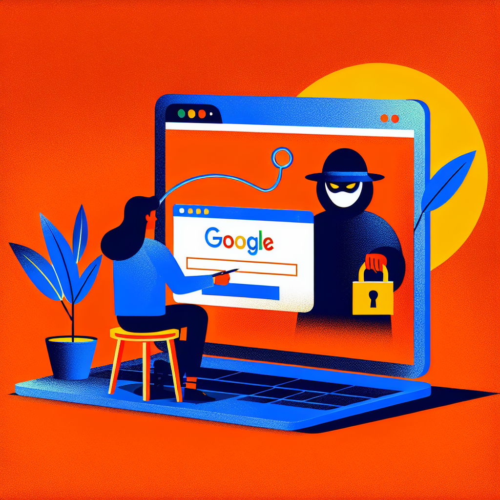 Personne tapant sur un faux site Google, un hacker avec un cadenas apparaît sur l'écran d'ordinateur portable