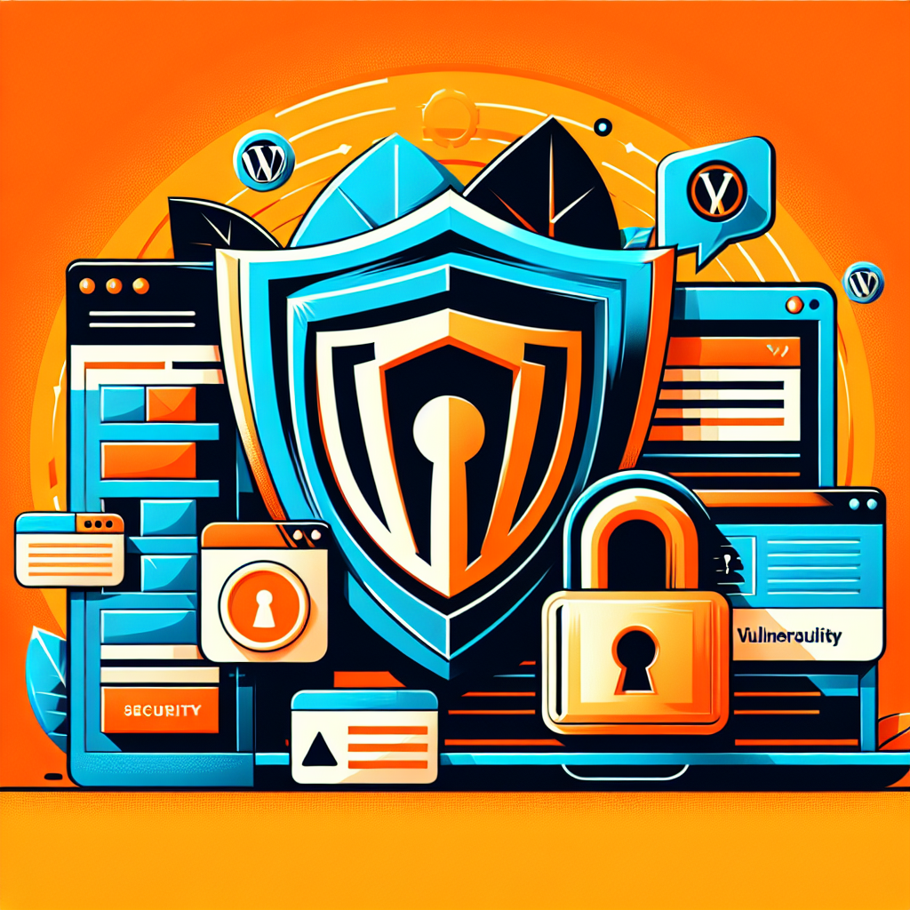 Illustration de sécurité WordPress : bouclier, cadenas, icônes de site web et logos WordPress sur fond orange