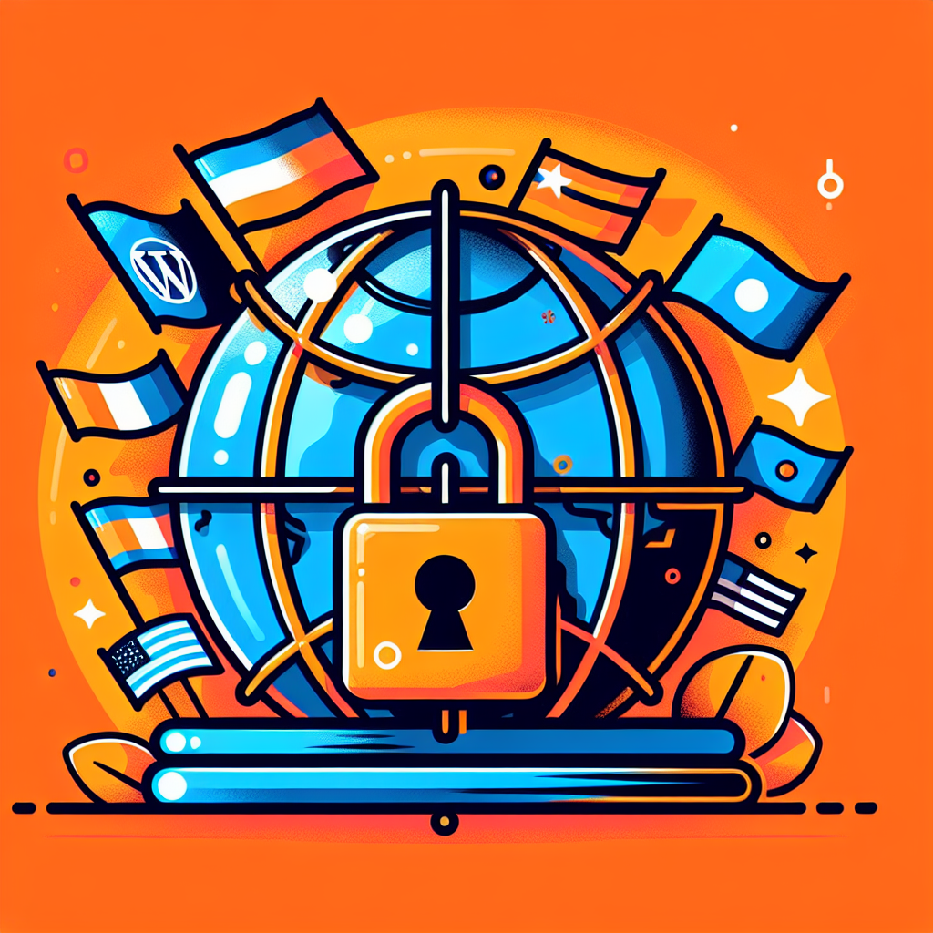 Cadenas orange sécurisant un globe terrestre bleu avec des drapeaux de pays et un drapeau WordPress, sur fond orange