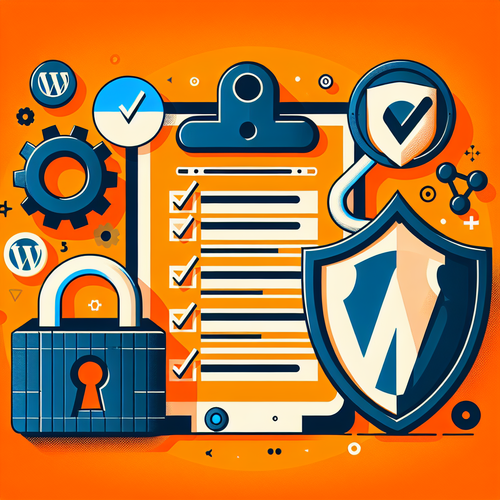 Checklist de sécurité WordPress avec cadenas, bouclier, engrenage et logos WordPress sur fond orange