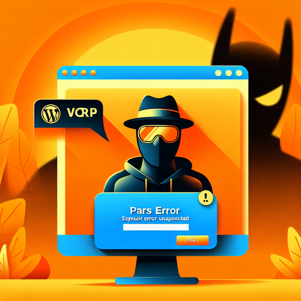 Écran d'ordinateur affichant un hacker et une erreur « Parse Error » avec le logo WordPress et « VORP » dans une bulle