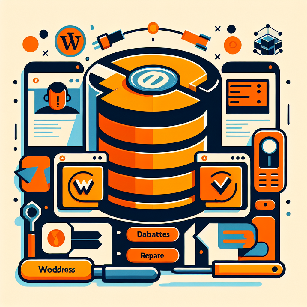 Illustration de la réparation d'une base de données WordPress avec des icônes de sécurité et de maintenance